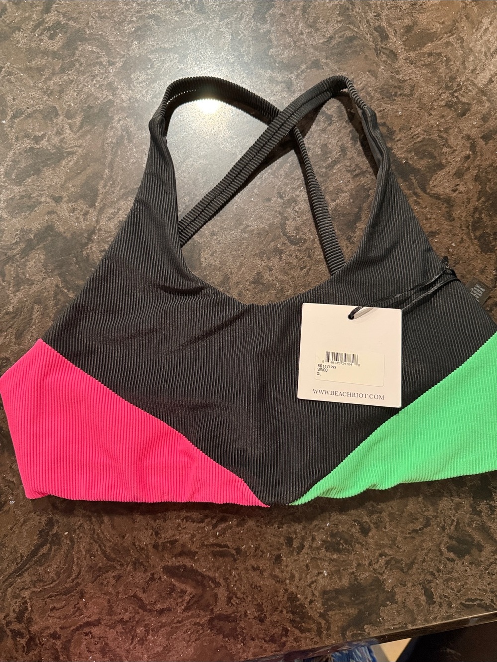Beach Riot Black Ribbed Bralette with Pink & Green Panels